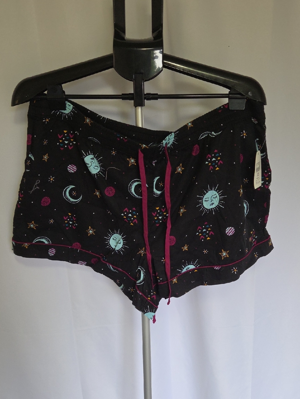 Celestial Print Black Women's Lounge Shorts with Purple Trim